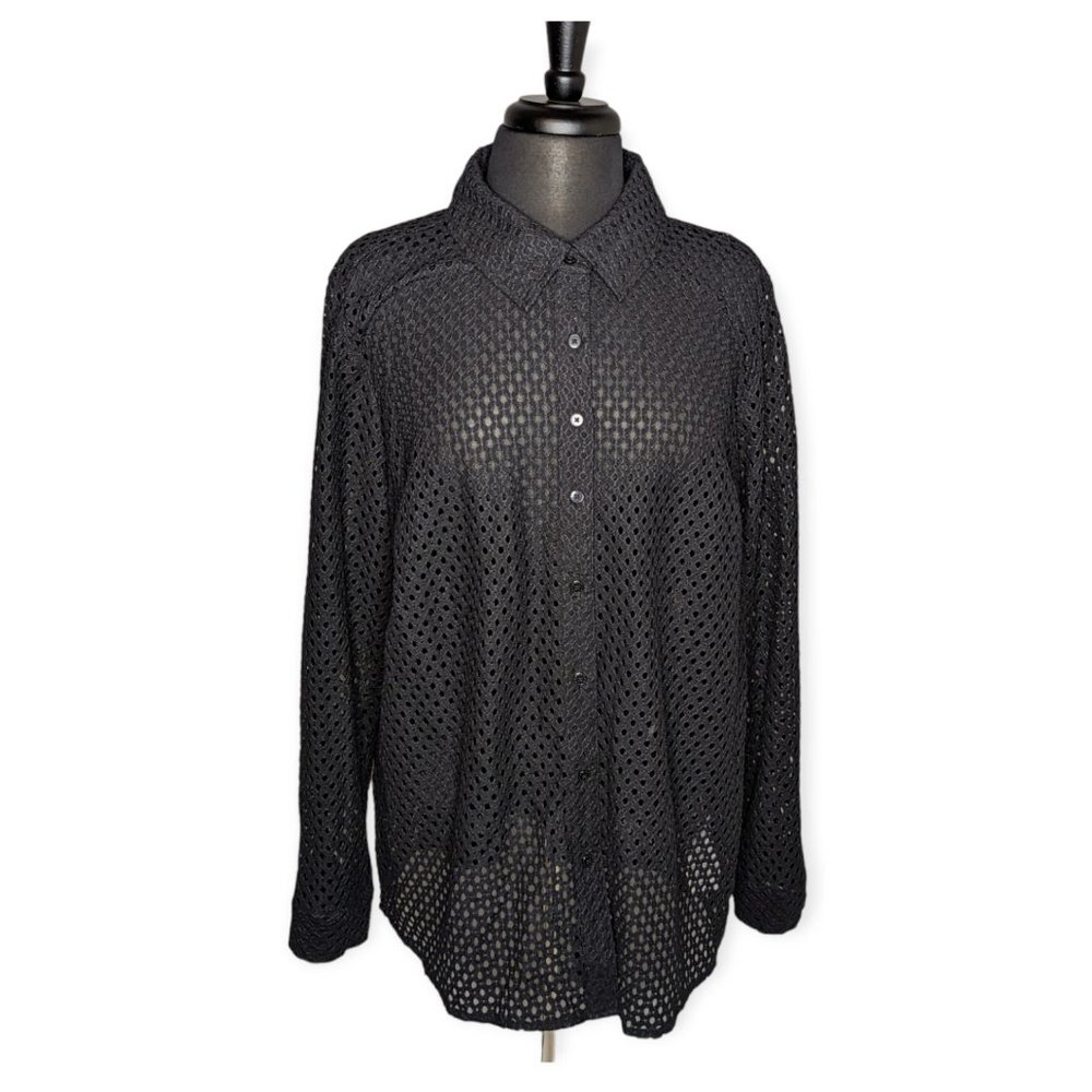 QVC Black Button Front Long Sleeve Top Size XL